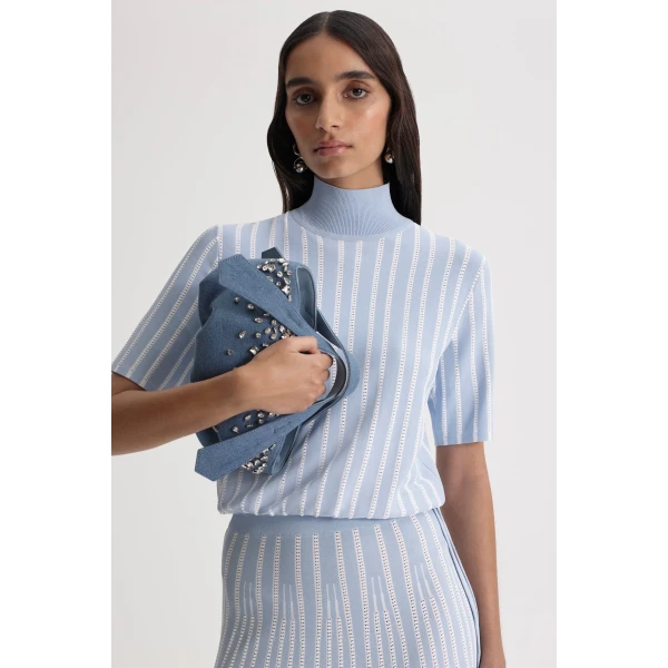 Scanlan Theodore Pleat Rib Stripe Skirt in Blue White