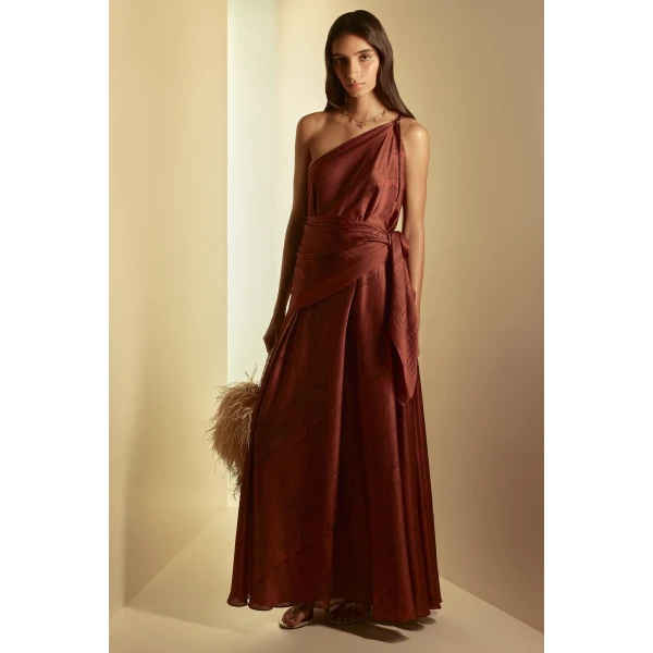 Scanlan Theodore Silk Desert One Shoulder Gown in Chocolate | Evening Gowns | Luxury Shoes 