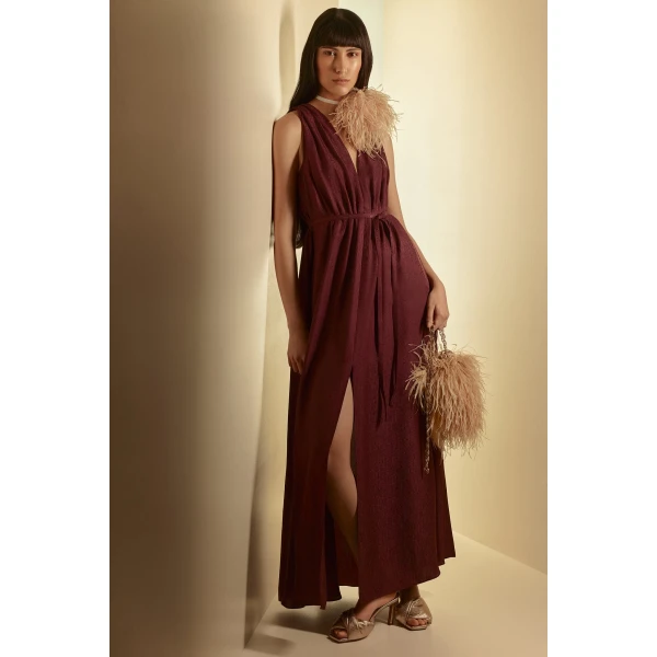 Scanlan Theodore Silk Jacquard Gather Dress in Bordeaux | Maxi Dresses | Luxury Shoes 