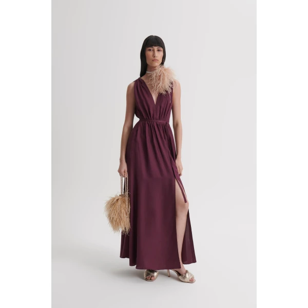 Scanlan Theodore Silk Jacquard Gather Dress in Bordeaux | Maxi Dresses | Luxury Shoes 