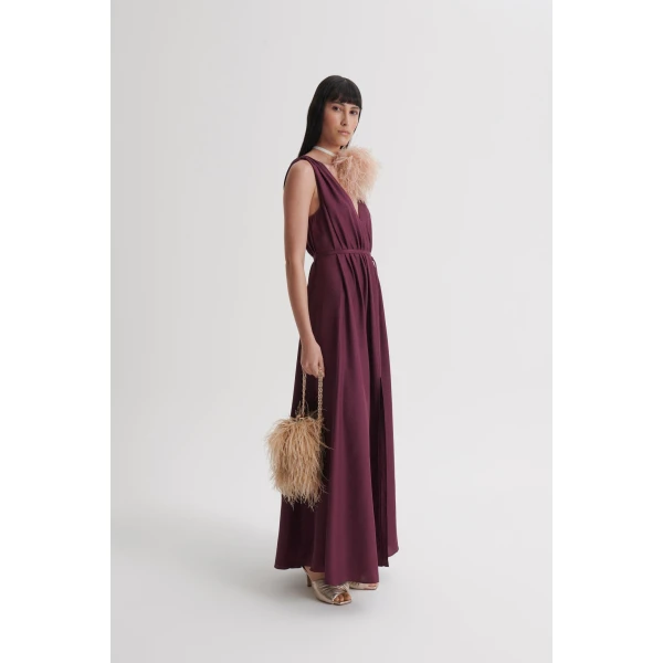 Scanlan Theodore Silk Jacquard Gather Dress in Bordeaux | Maxi Dresses | Luxury Shoes 