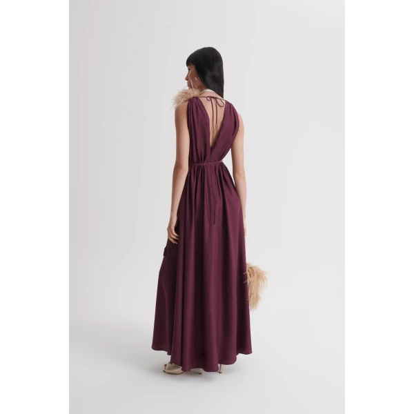 Scanlan Theodore Silk Jacquard Gather Dress in Bordeaux | Maxi Dresses | Luxury Shoes 