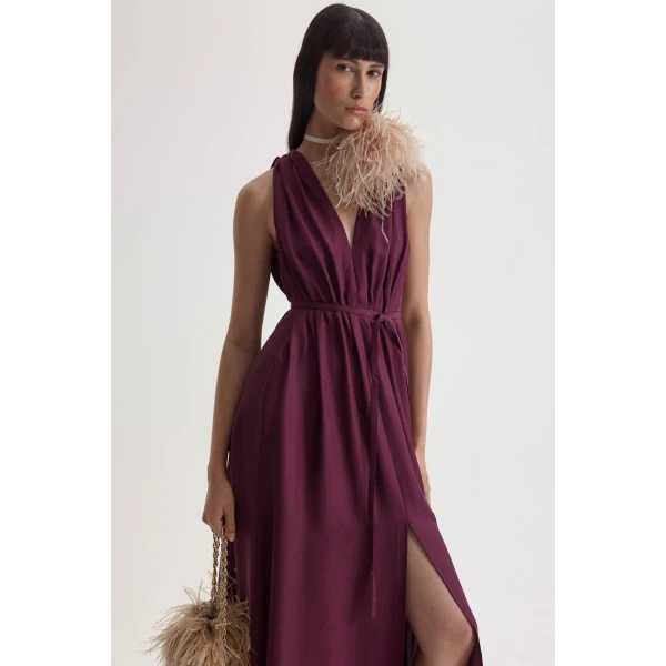 Scanlan Theodore Silk Jacquard Gather Dress in Bordeaux | Maxi Dresses | Luxury Shoes 