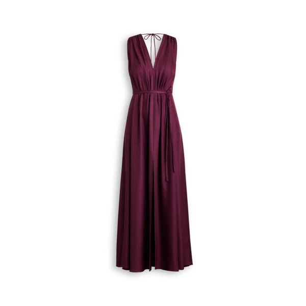 Scanlan Theodore Silk Jacquard Gather Dress in Bordeaux | Maxi Dresses | Luxury Shoes 