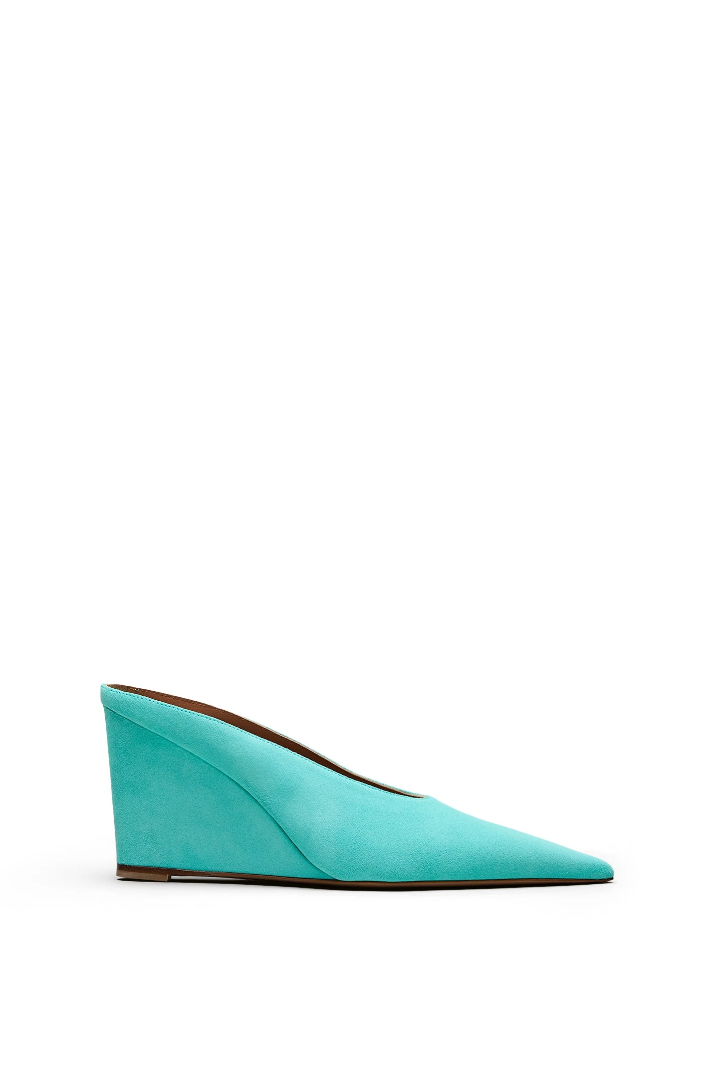 Scanlan Theodore Suede Mule Wedge 9.5 in Opal at Luxury Shoes Scanlan Theodore Suede Mule Wedge 9.5 in Opal