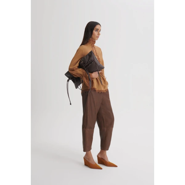 Scanlan Theodore Textured Leather Barrel Leg Trouser in Toffee