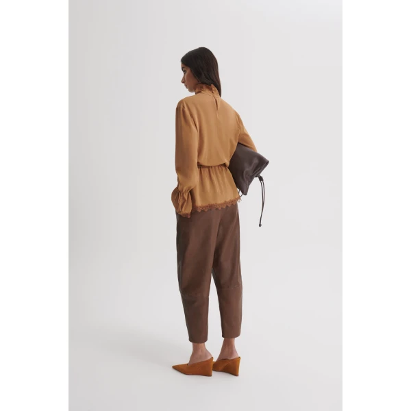 Scanlan Theodore Textured Leather Barrel Leg Trouser in Toffee