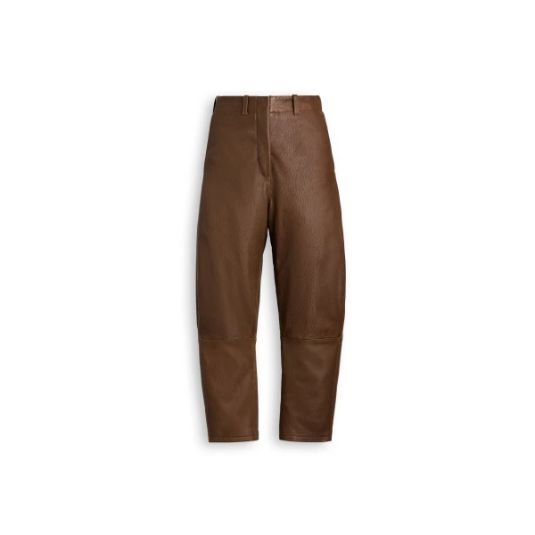 Textured Leather Barrel Leg Trouser in Toffee