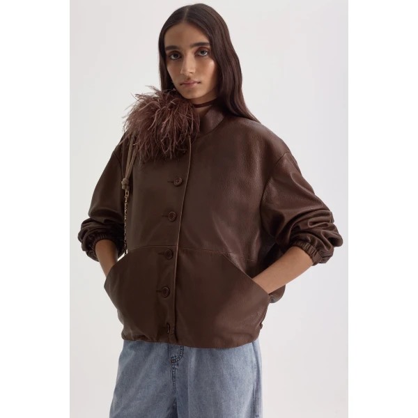 Scanlan Theodore Textured Leather Bomber in Toffee