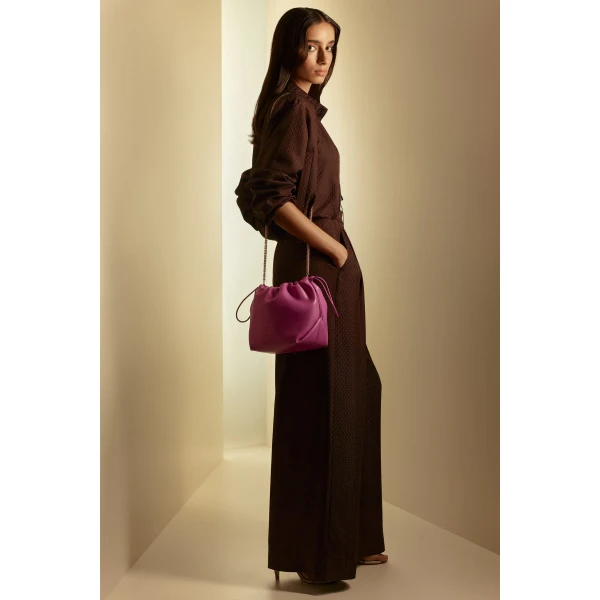 Scanlan Theodore The Leather Drawstring Bag in Fuschia | Bucket Bags | Luxury Shoes 