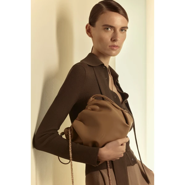Scanlan Theodore The Leather Drawstring Bag in Sandstone | Bucket Bags | Luxury Shoes 