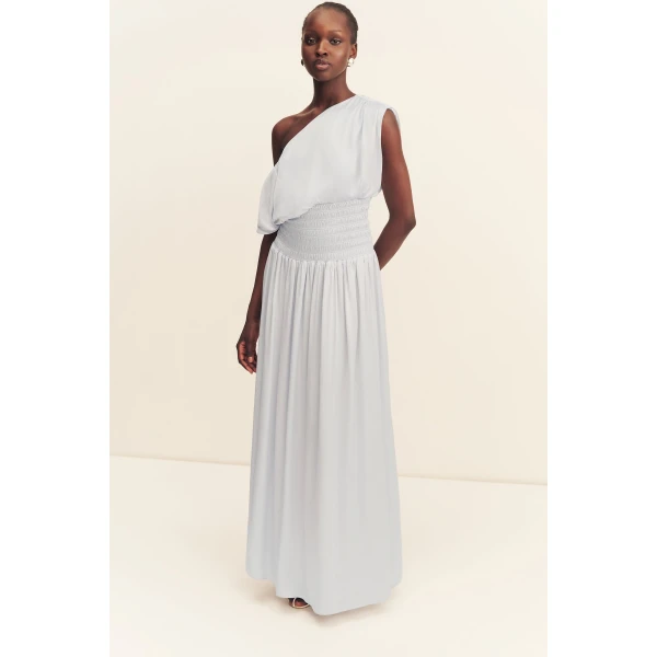 Shona Joy Agnes Shirred Asymmetrical Blouson Maxi Dress