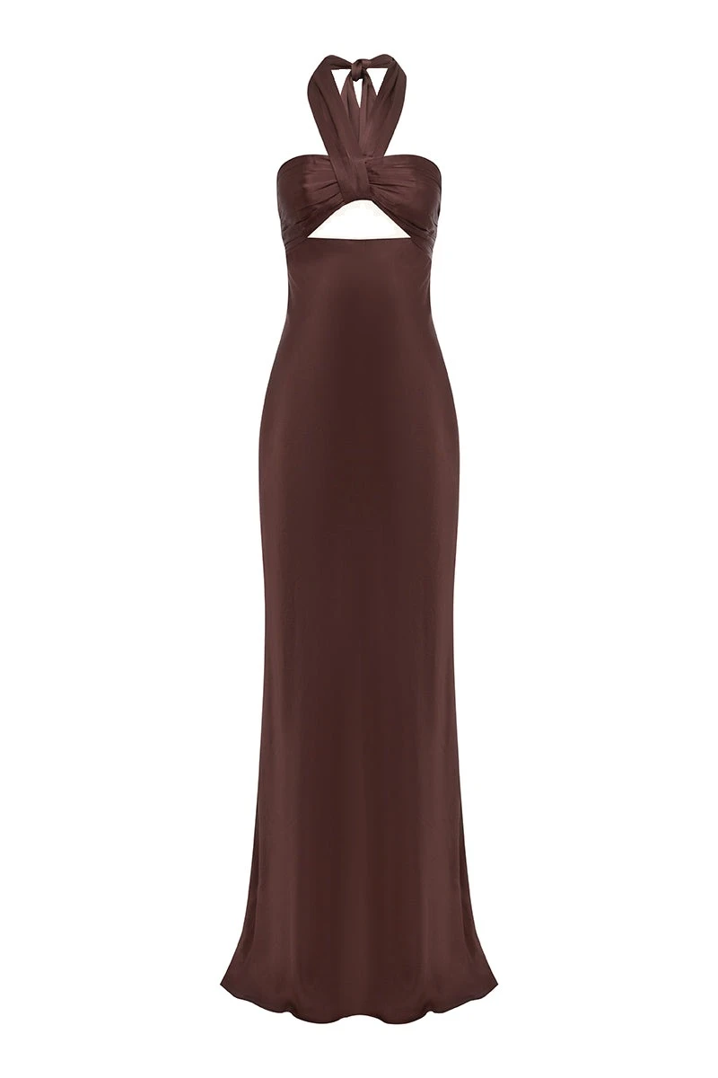 Shona Joy La Lune Ruched Halter Maxi Dress in Espresso – Dresses – Australian Luxury Eventwear at Luxury Shoes Shona Joy La Lune Ruched Halter Maxi Dress