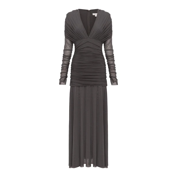 Shona Joy Mira Mesh Plunged Gathered Maxi Dress