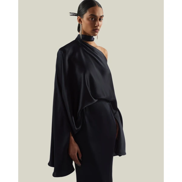 Taller Marmo Brooks Satin Blouse in Midnight Blue | Blouse | Luxury Shoes 
