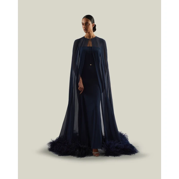 Taller Marmo Grace Cape Dress in Midnight Blue | Maxi Dresses | Luxury Shoes 