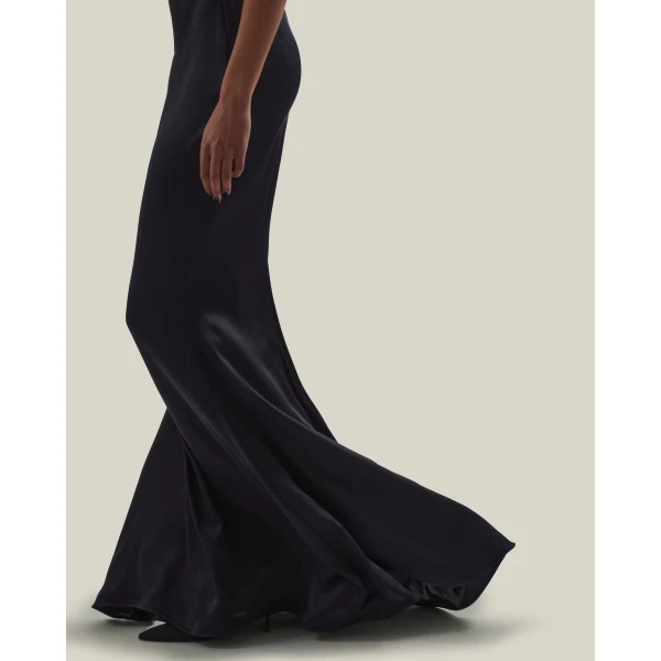 Taller Marmo Silver Screen Satin Skirt in Midnight Blue | Maxi Skirts | Luxury Shoes 