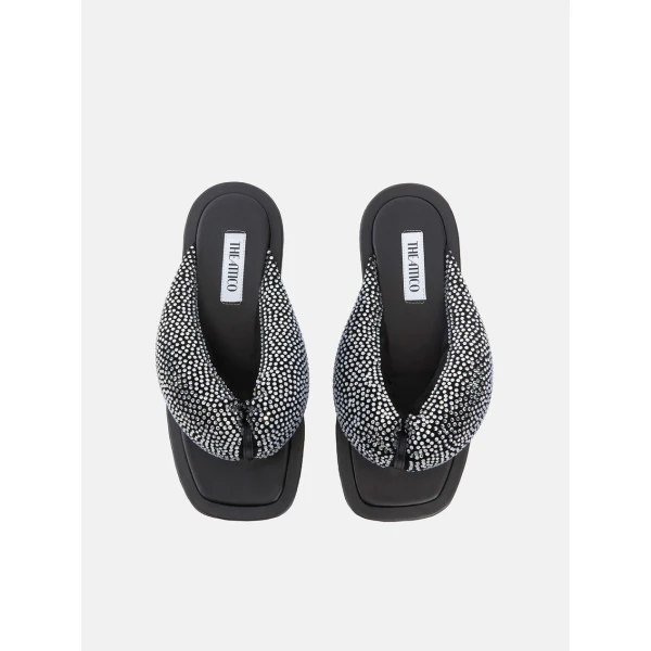 The Attico Indie Max Flat Thong Sandals in Black and Crystal | Flats | Luxury Shoes 