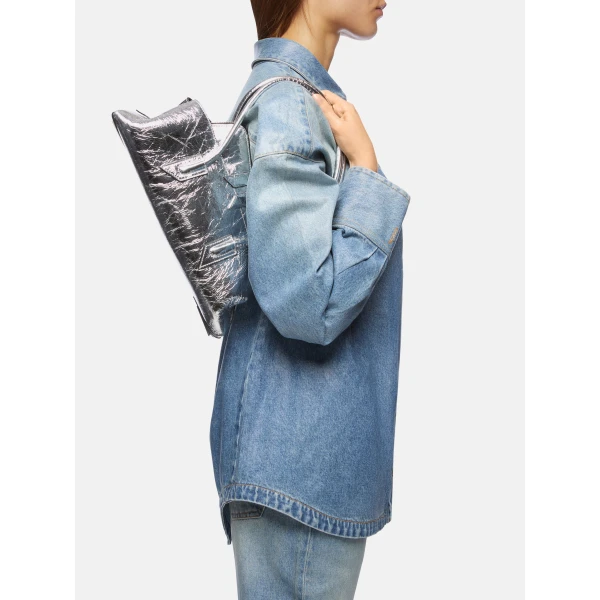 The Attico La Passeggiata Small Top Handle Bag in Silver Crackled Leather | Totes & Top-Handle Bags | Luxury Shoes 