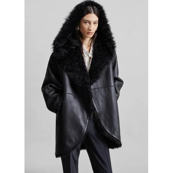 The Frankie Shop Ambra Shearling Hooded Short Coat in Black, view 3