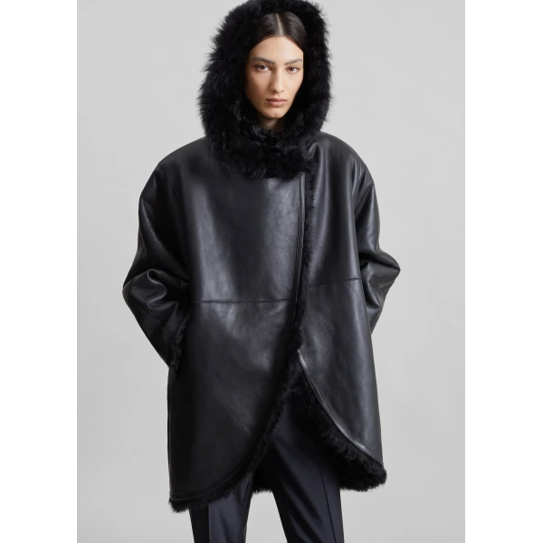 The Frankie Shop Ambra Shearling Hooded Short Coat in Black, view 6
