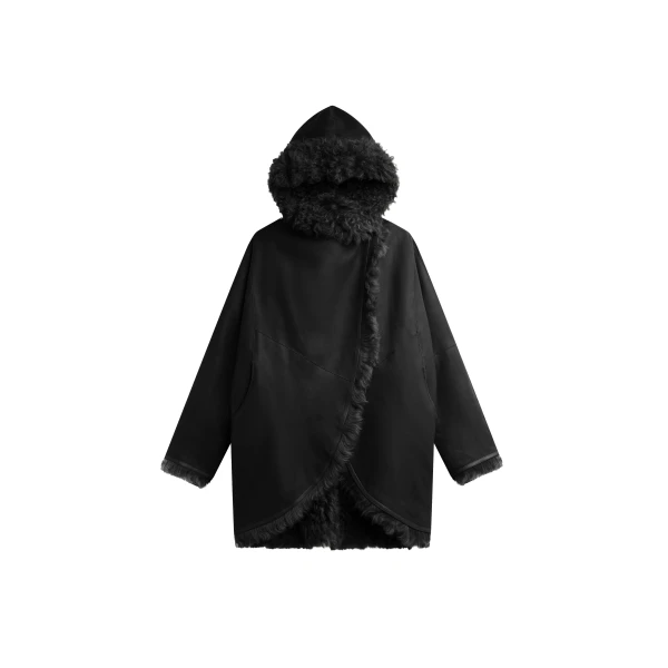 Ambra Shearling Hooded Short Coat in Black