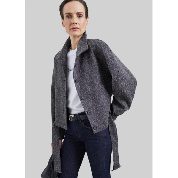 The Frankie Shop Aubin Herringbone Belted Jacket in Black Melange, view 2