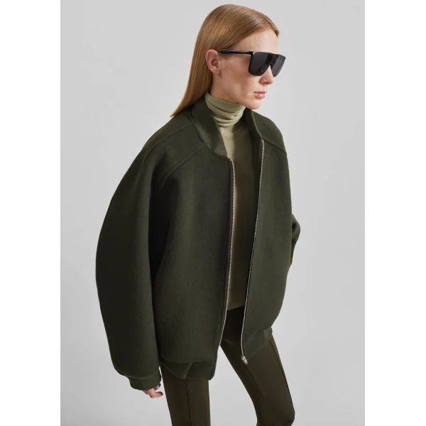 The Frankie Shop Elinor Oversized Bomber Jacket in Dark Olive, view 6