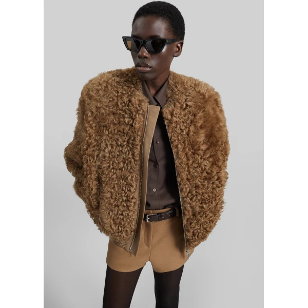 The Frankie Shop Gina Fur Bomber Jacket in Camel, view 4