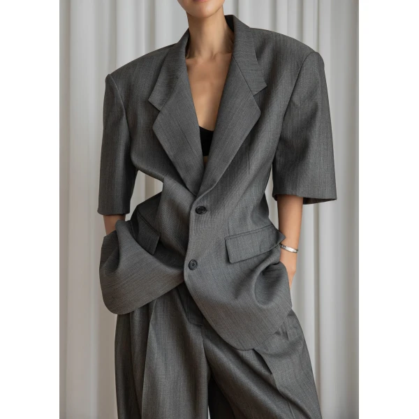The Frankie Shop Ivora Short Sleeve Blazer in Dark Grey, view 2