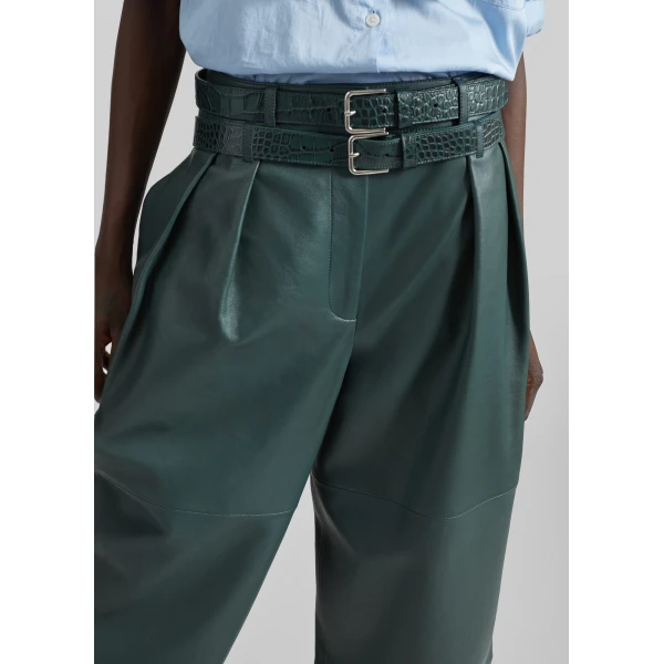 The Frankie Shop Jeva Faux Leather Double Belt Loop Trousers in Bottle Green, view 3
