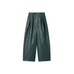 The Frankie Shop Jeva Faux Leather Double Belt Loop Trousers in Bottle Green