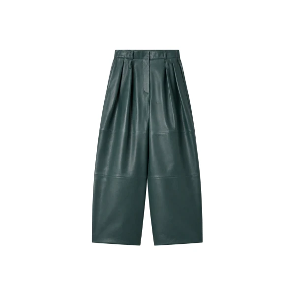 The Frankie Shop Jeva Faux Leather Double Belt Loop Trousers in Bottle Green