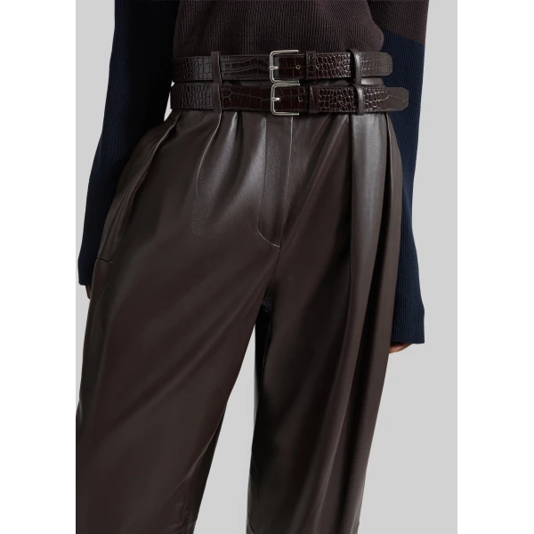 The Frankie Shop Jeva Faux Leather Double Belt Loop Trousers in Brown, view 3