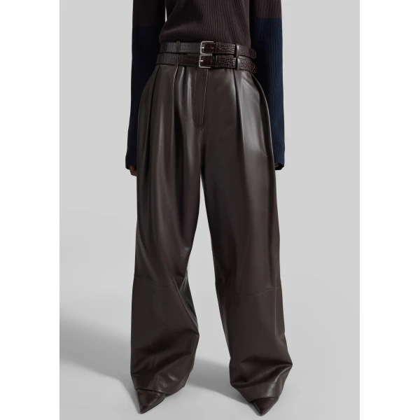 The Frankie Shop Jeva Faux Leather Double Belt Loop Trousers in Brown, view 4