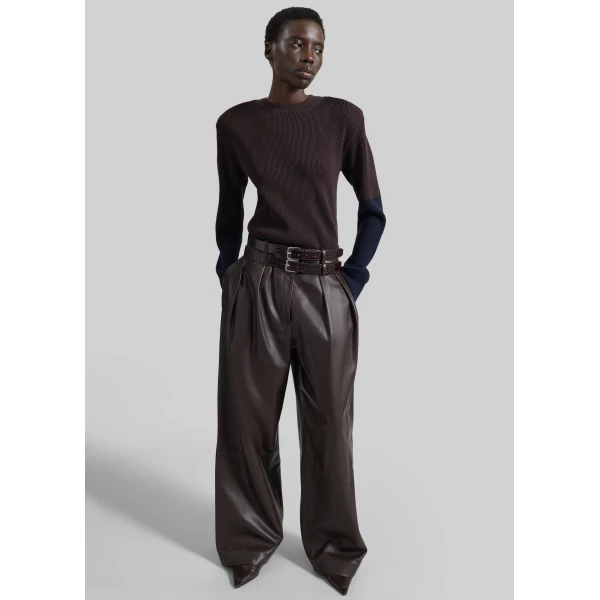 The Frankie Shop Jeva Faux Leather Double Belt Loop Trousers in Brown, view 5
