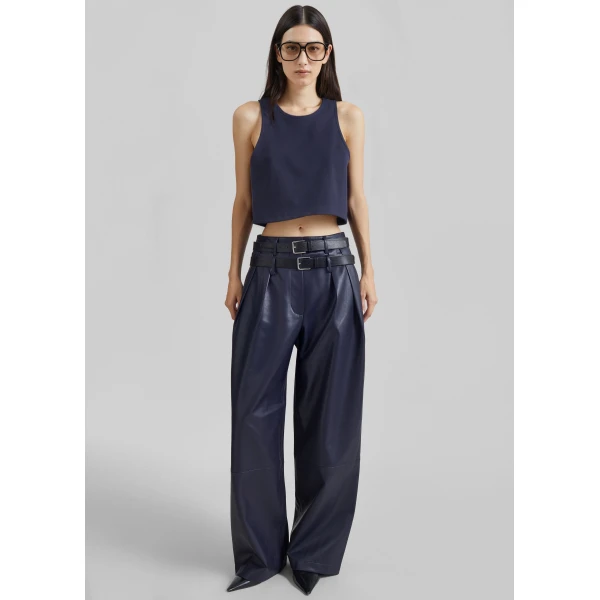 The Frankie Shop Jeva Faux Leather Double Belt Loop Trousers in Dark Navy, view 2