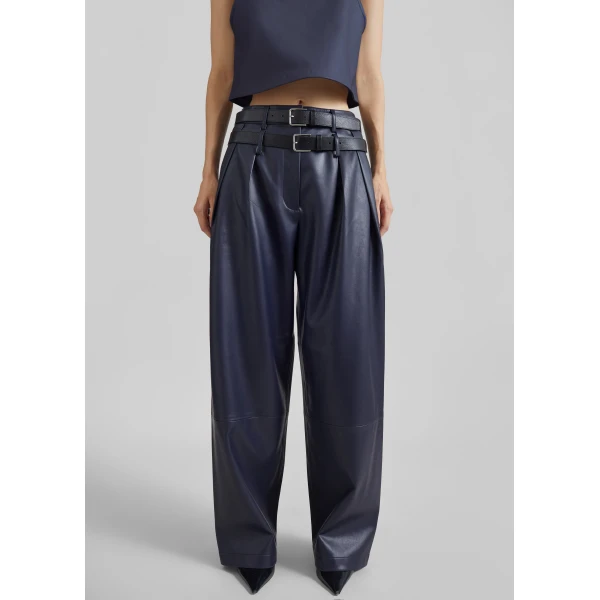 The Frankie Shop Jeva Faux Leather Double Belt Loop Trousers in Dark Navy, view 3