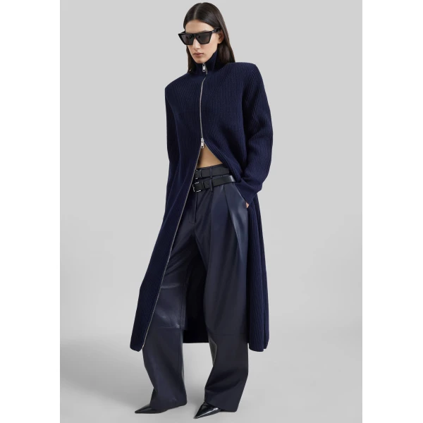The Frankie Shop Jeva Faux Leather Double Belt Loop Trousers in Dark Navy, view 4