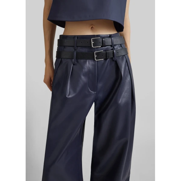The Frankie Shop Jeva Faux Leather Double Belt Loop Trousers in Dark Navy, view 5