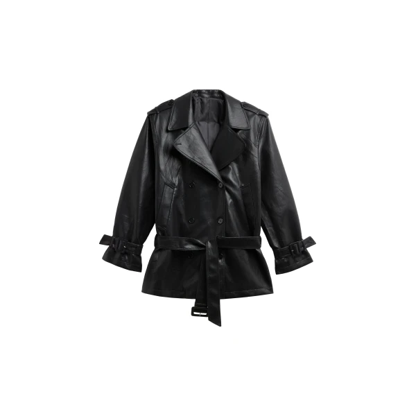 The Frankie Shop Limay Faux Leather Short Trench in Black