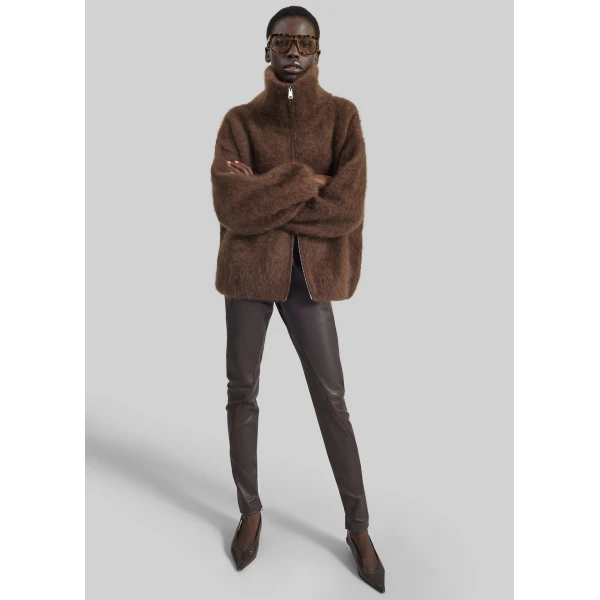 The Frankie Shop Lupa Fuzzy Zip-Up Cardigan in Brown, view 3