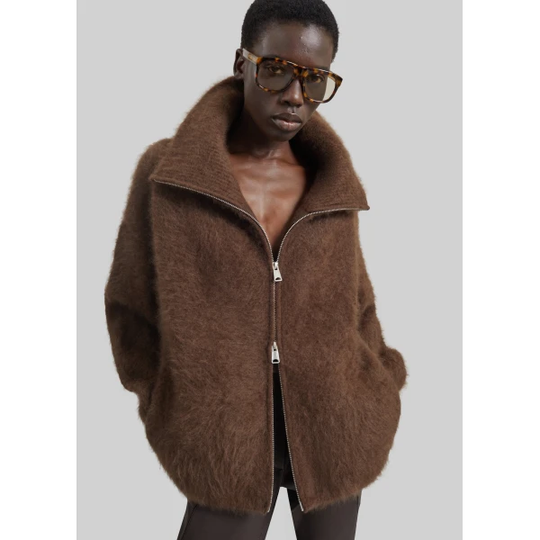 The Frankie Shop Lupa Fuzzy Zip-Up Cardigan in Brown, view 4