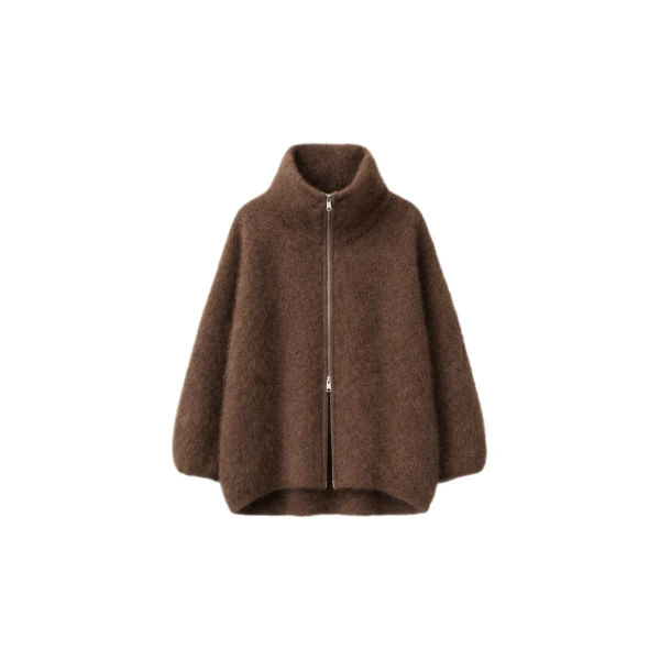 The Frankie Shop Lupa Fuzzy Zip-Up Cardigan in Brown