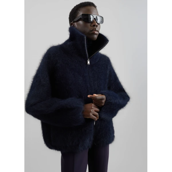The Frankie Shop Lupa Fuzzy Zip-Up Cardigan in Navy, view 5