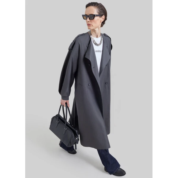 The Frankie Shop Mila Collarless Trench Coat in Charcoal, view 2