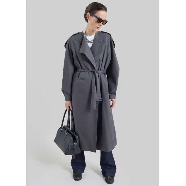 The Frankie Shop Mila Collarless Trench Coat in Charcoal, view 4