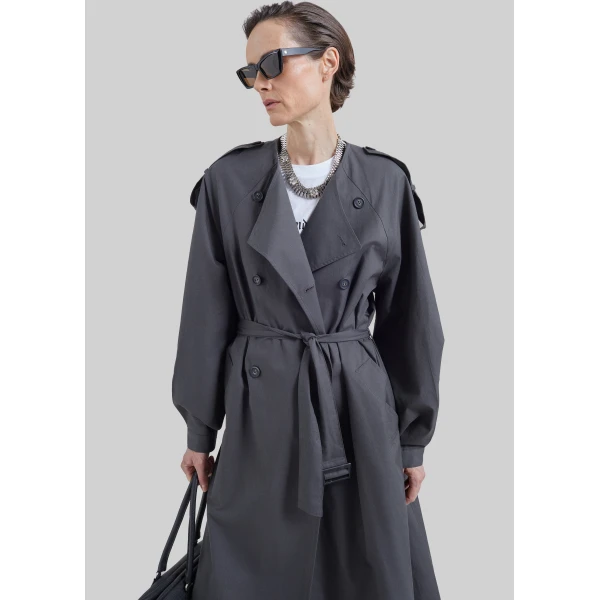 The Frankie Shop Mila Collarless Trench Coat in Charcoal, view 6