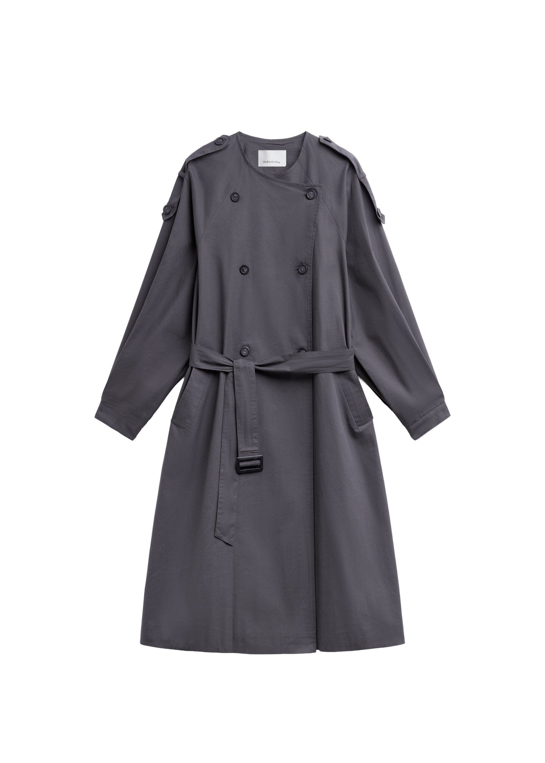 The Frankie Shop Mila Collarless Trench Coat in Charcoal | Coats | Luxury Shoes The Frankie Shop Mila Collarless Trench Coat in Charcoal
