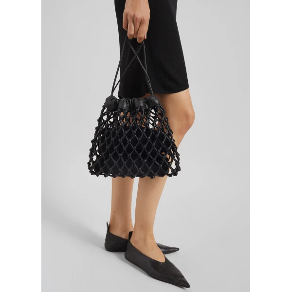 The Frankie Shop Morgan Leather Macrame Small Pouch in Black, view 2